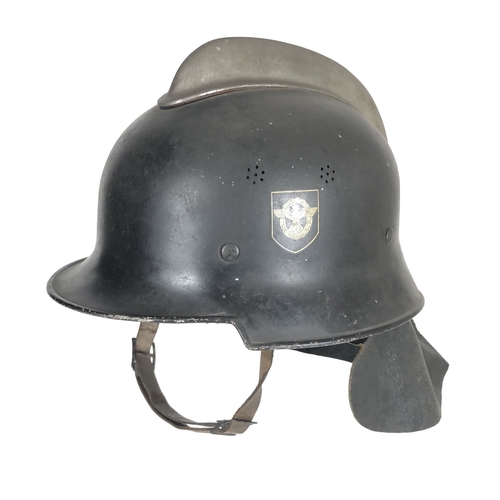 German Third Reich M34 Fire Police double decal helmet.  A good example of the light weight helmet, made with four groups of vent holes and alloy crest. Retaining Police decal (99%) and Party decal (98%). The interior is complete with padded leather lining and chinstrap, also seperate neck flap. Retaining black painted finish Sleepy condition          PAYMENT BY BANK TRANSFER ONLY