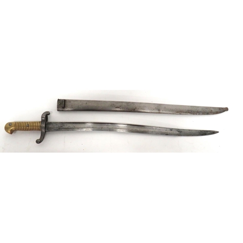 French M1842/59 Sabre Bayonet
22 1/2 inch, single edged, yataghan blade with large fuller. Back edge with maker dated 1844. &nbsp;Steel muzzle ring and crossguard. &nbsp;Brass ribbed grip. Top catch with internal coiled spring. &nbsp;Contained in its steel scabbard.&nbsp;