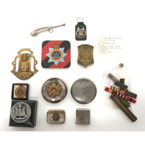 Selection Of Various Devonshire Orientated Items
including white metal, Vic crown Devonshire tobacco box ... Bi-metal KC Devonshire tobacco box ... Brass Devon panel ... Bi-metal Vic crown Devonshire matchbox ... Cast brass, KC 4th Batt Devonshire Reg plaque ... White metal bosun's whistle. &nbsp;