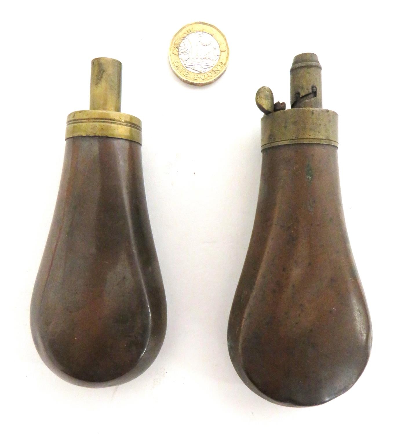 Two Mid 19th Century Small Pistol Powder Flasks consisting 4 1/2 inch ...