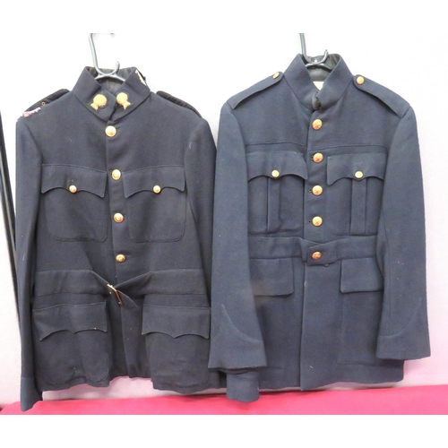 Two Yeomanry Patrol Tunics
consisting dark blue, single breasted, high collar tunic. &nbsp;Pleated chest pockets and lower bag pockets, all with buttoned flaps. &nbsp;False fitted belt. &nbsp;Gilt Lanarkshire buttons. &nbsp;Internal tailor's label named "Major Cranstoun Oct 1917" ... Similar example with patch chest pockets with buttoned flaps. &nbsp;Lower patch pockets with buttoned flaps. &nbsp;Lower patch pockets with plain flaps. &nbsp;Bullion embroidery Lothian & Border Horse collar badges. &nbsp;Gilt regimental buttons. Gilt, Lieutenant shoulder rank. &nbsp;Some damage to shoulder and collar. &nbsp;2 items.