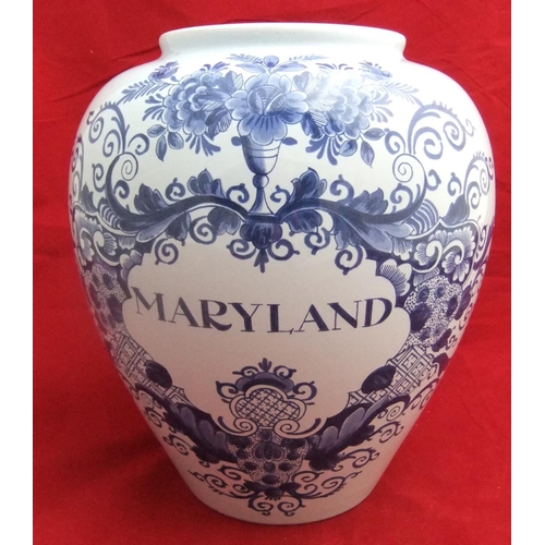 115 - Large Delft, Gouda “Maryland” blue & white Jar, marked to base, 26 cms in height.