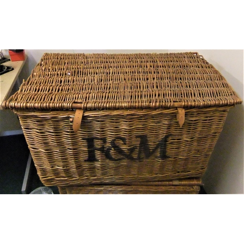 14 - Vintage, large F & M wicker hamper with leather straps from the London home of Harold Wilson PM. 87 ... 