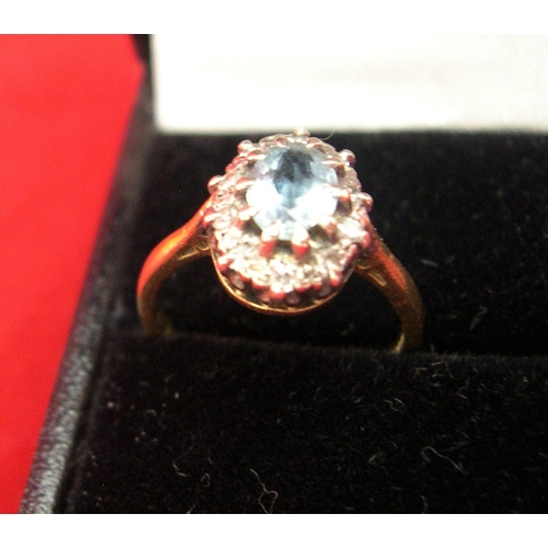 28 - 18ct yellow gold, Aquamarine & diamond cluster ring, 3.2gms gross,

P & P – UK £10+VAT, EU £15+VAT, ... 