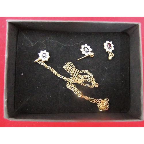 45 - 9ct gold, diamond & sapphire earrings & pendent on 9ct chain, 2.7 grams gross

P & P – UK £10+VAT, E... 