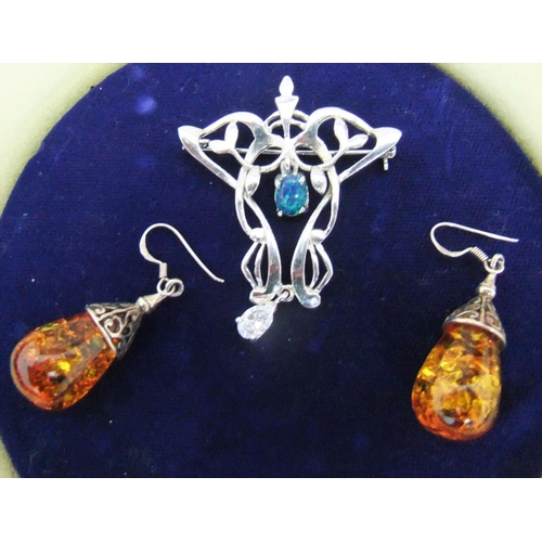 47 - Sterling Silver art nouveau broach with green opal & pair sterling silver drop amber earrings

P & P... 