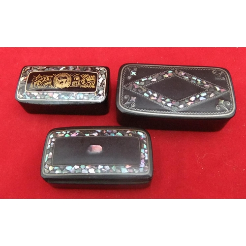 82 - 3 19thC snuff boxes all with mother of pearl inlays

P & P – UK £10+VAT, EU £15+VAT, RoW £25+VAT.