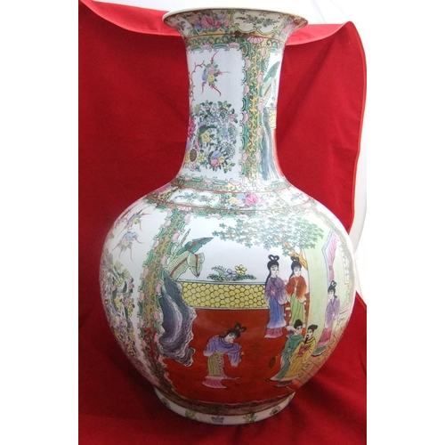 121 - Large Chinese 20thC famille rose flared bottle vase decorated throughout with birds, flowers & figur... 