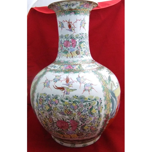 121 - Large Chinese 20thC famille rose flared bottle vase decorated throughout with birds, flowers & figur... 