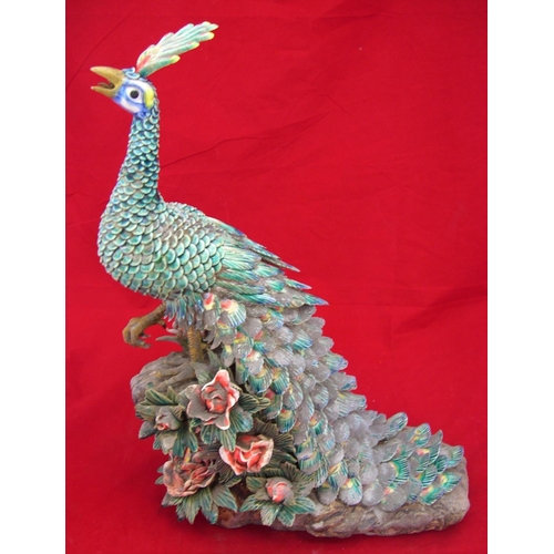 128 - Large antique, Chinese ceramic peacock with encrusted decoration, possibly a table centre-piece whic... 