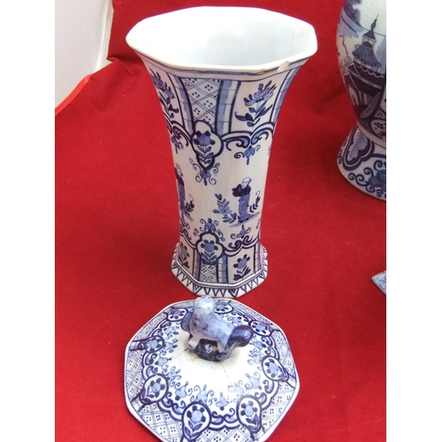 12 - 3 early 20thC Delft blue & white items including cow, faux Chinese jar with lid & larger oriental st... 