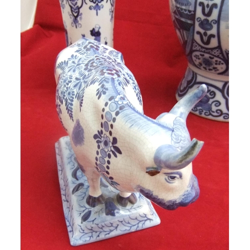 12 - 3 early 20thC Delft blue & white items including cow, faux Chinese jar with lid & larger oriental st... 