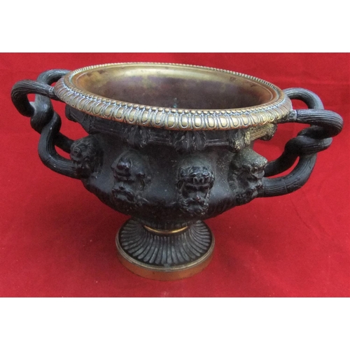 157 - Well cast Victorian bronze vase similar to the Warwick vase with entwined branch handles, 14cm high ... 