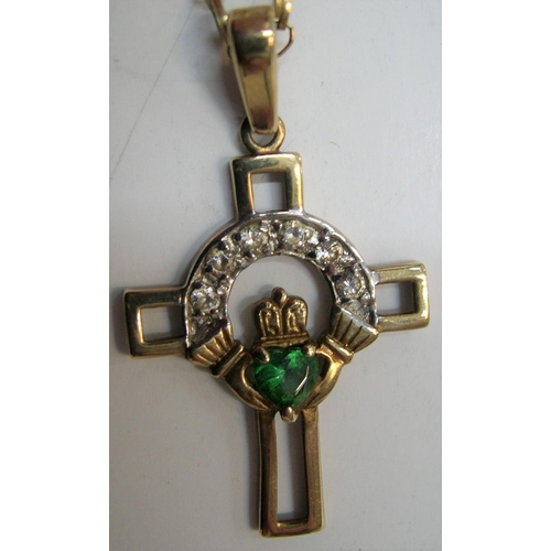 24 - 9ct gold claddagh cross with semi-prescious stones on a 16