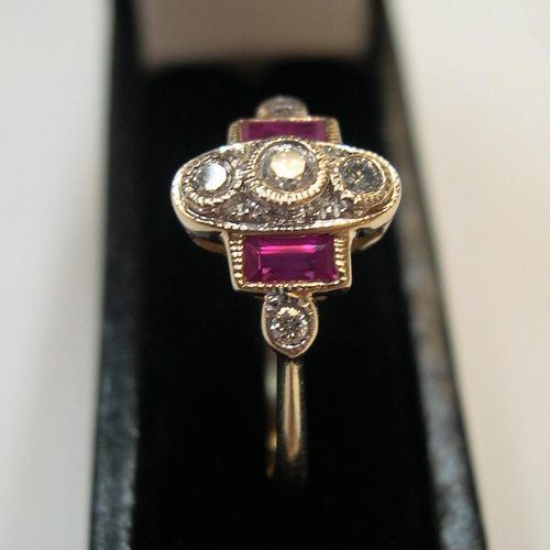 35 - 9ct gold art nouveau diamond & ruby ring

2 grams gross,       size K