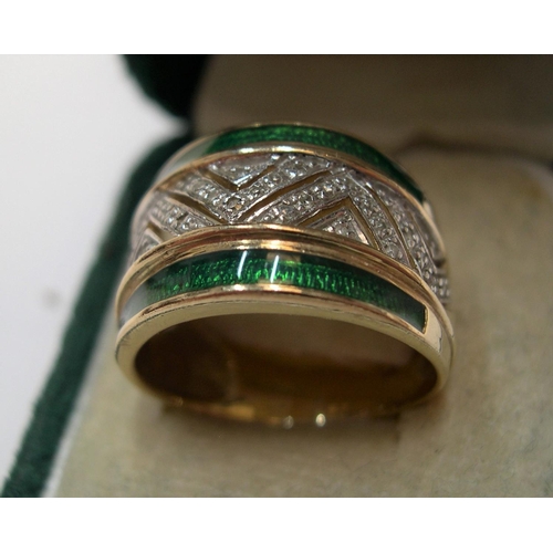 47 - stunning large 9ct gold ring encrusted in diamonds and green enamel

1.9 grams gross,    size P/Q