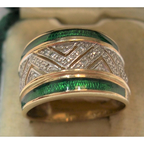 47 - stunning large 9ct gold ring encrusted in diamonds and green enamel

1.9 grams gross,    size P/Q