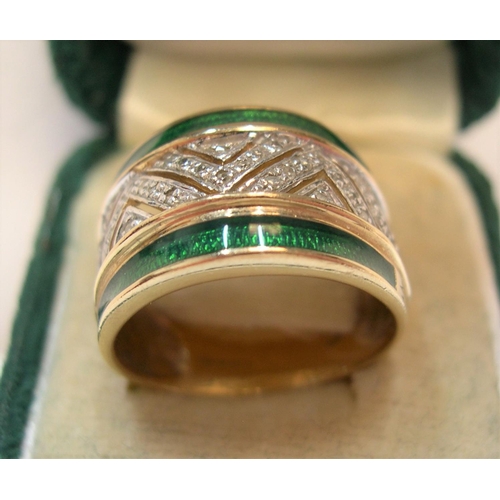 47 - stunning large 9ct gold ring encrusted in diamonds and green enamel

1.9 grams gross,    size P/Q