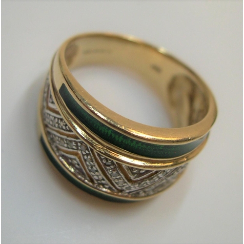 47 - stunning large 9ct gold ring encrusted in diamonds and green enamel

1.9 grams gross,    size P/Q