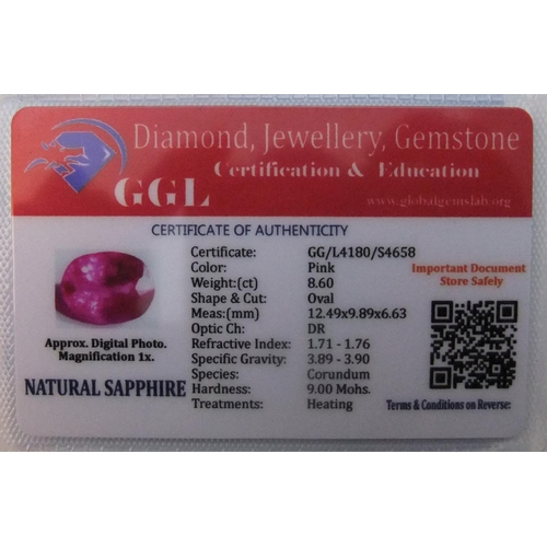 54 - GGL certified (CoA) NATURAL PINK SAPPHIRE, OVAL, 8.6ct