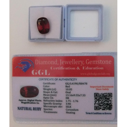 60 - GGL certified (CoA) NATURAL RED RUBY, OVAL, 10.05ct