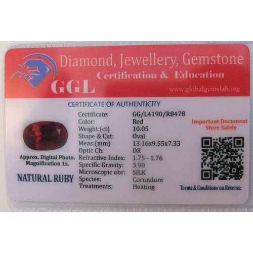 60 - GGL certified (CoA) NATURAL RED RUBY, OVAL, 10.05ct