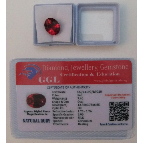 62 - GGL certified (CoA) NATURAL RED RUBY, OVAL, 7.40ct