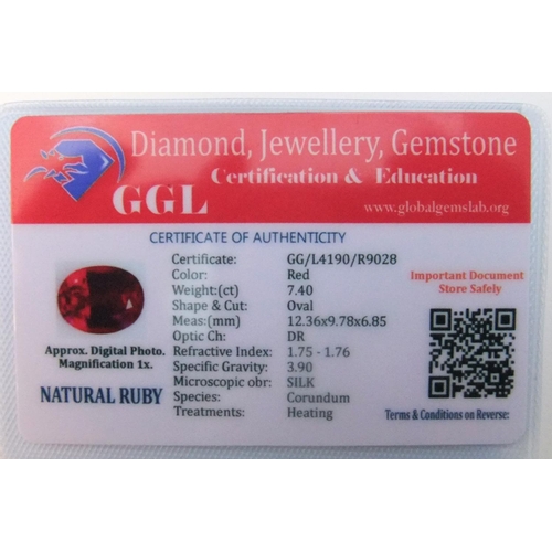 62 - GGL certified (CoA) NATURAL RED RUBY, OVAL, 7.40ct