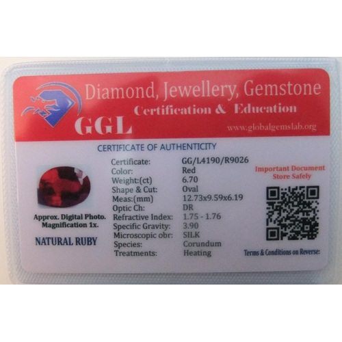 63 - GGL certified (CoA) NATURAL RED RUBY, OVAL, 6.7ct