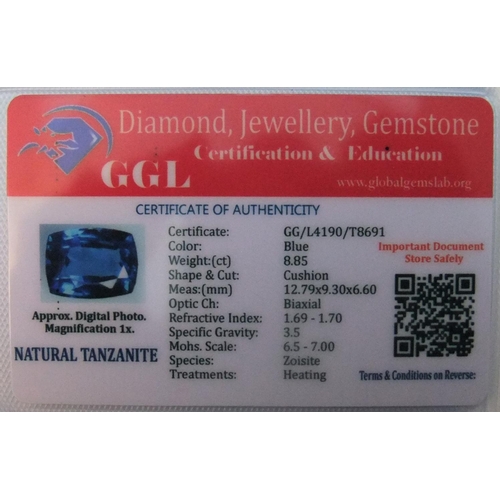 72 - GGL certified (CoA) NATURAL BLUE TANZANITE, Cushion cut, 8.85ct