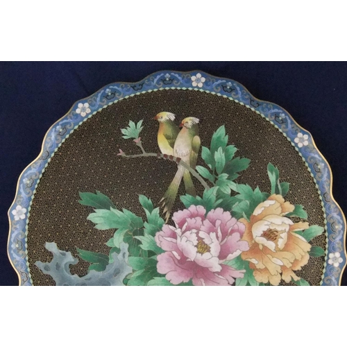 96 - Large antique cloisonne charger depicting birds and foliage

39cm in diameter