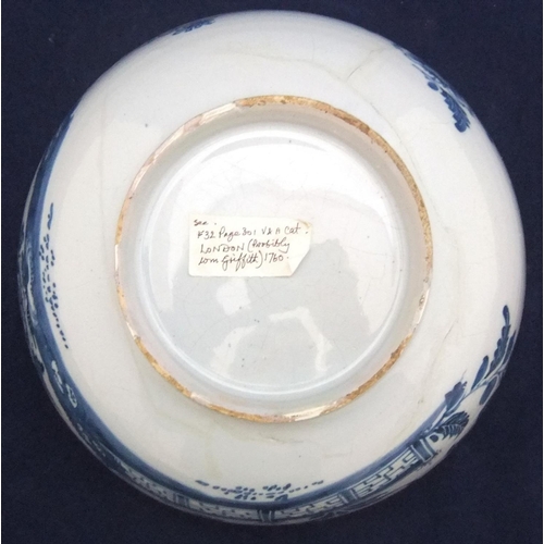 102 - 18thC Delft blue & white bowl with Chinese floral scenes

16cm in diameter, 10cm in height