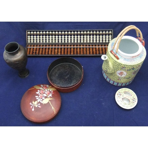 119 - Mixed lot of Asian collecables - Chinese teapot, small bronze vase, box & 2 abacus