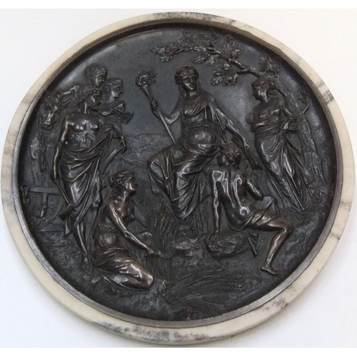 179 - Antique bronze circular wall relief plaque in marble surround with foundry stamp verso

The plaque m... 