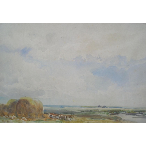 879 - Claude HAYES (1852-1922) watercolour, hayrick in extensive summer landscape, signed and in original ... 