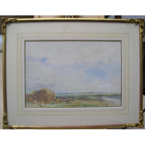 879 - Claude HAYES (1852-1922) watercolour, hayrick in extensive summer landscape, signed and in original ... 