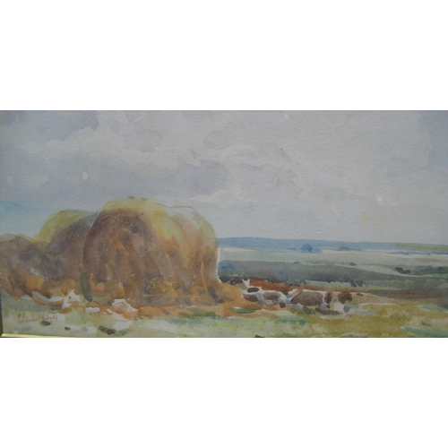 879 - Claude HAYES (1852-1922) watercolour, hayrick in extensive summer landscape, signed and in original ... 