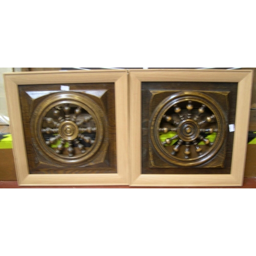 228 - 2 Victorian carvings of ships wheels in matching frames & 3 small antique bird embroideries