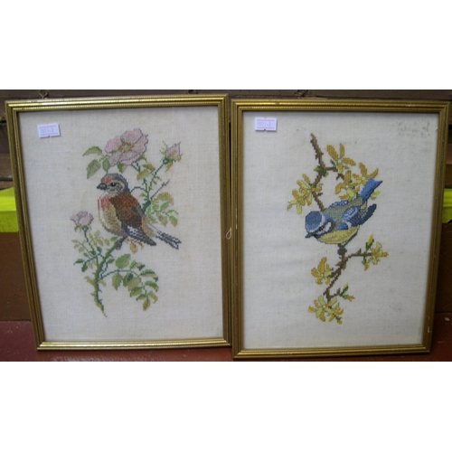 228 - 2 Victorian carvings of ships wheels in matching frames & 3 small antique bird embroideries