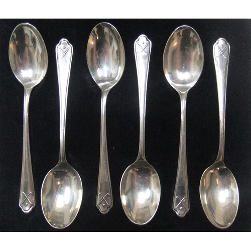 102 - 6 Scottish cased, old silver tea spoons with golf logo engraved to each spoon