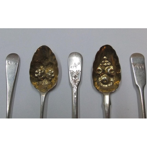 128 - 6 hallmarked, antique silver gilt berry spoons