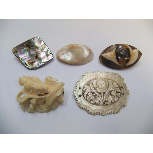 27 - 5 antique ladies brooches including finely carved ivory and mother of pearl examples