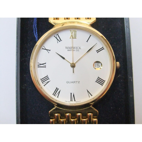 93 - Vintage ladies Warwick Watch Co gold plated with metal strap,

Never worn, still in original box