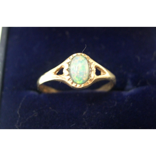 86 - 9ct yellow gold & opal ring

Approx 0.9 grams gross,             size K