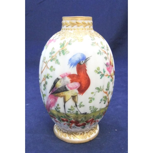 194 - small antique Derby Chelsea hand-painted vase together with coloured pressed glass peacock

vase mea... 