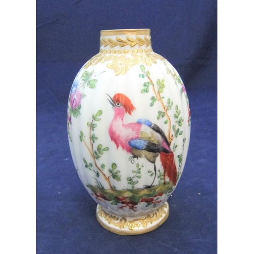 194 - small antique Derby Chelsea hand-painted vase together with coloured pressed glass peacock

vase mea... 