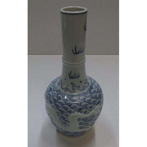 174 - Chinese 20thC single stem, unusual light B&W vase with white dragon decoration, stamped mark to base... 