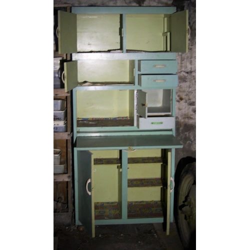 298 - Large 1950s wooden kitchen storage unit with original paint.

The unit is on casters and is in compl... 