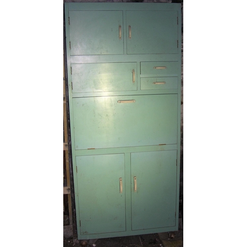 298 - Large 1950s wooden kitchen storage unit with original paint.

The unit is on casters and is in compl... 