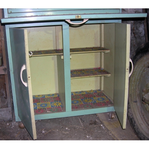 298 - Large 1950s wooden kitchen storage unit with original paint.

The unit is on casters and is in compl... 